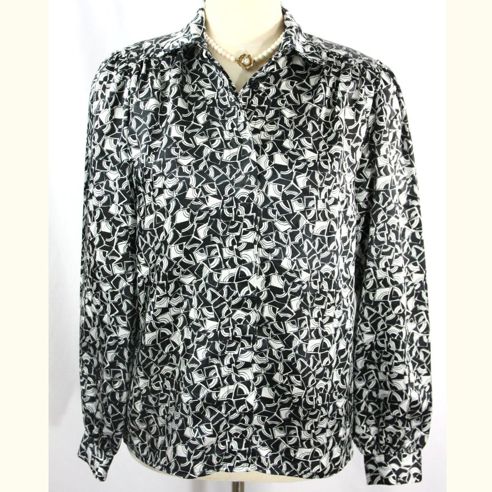 Vintage Gianna Geometric New Wave Black White Satin Blouse Button Down Top 1980s